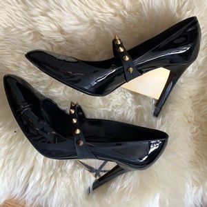 Ruthie Davis Necco black patent heels stud strap gold heel insert glam size 39